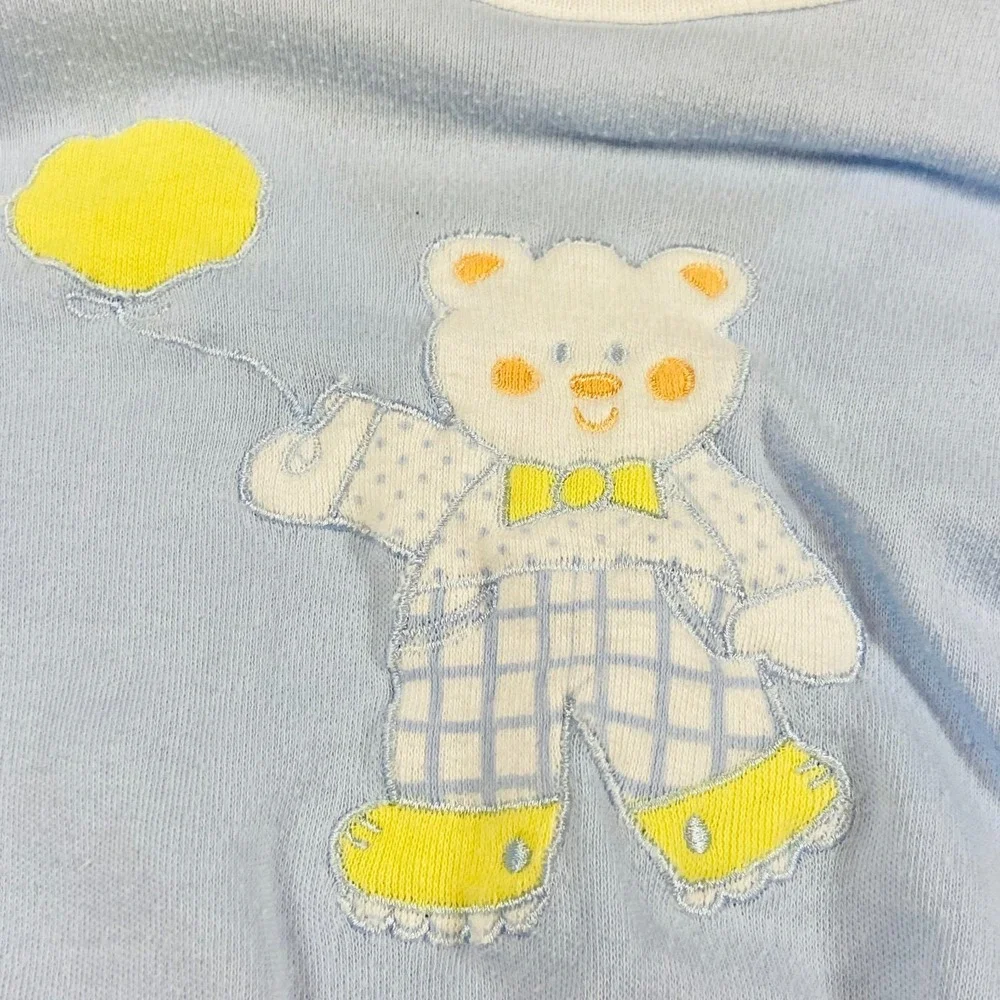Vintage 80s Doe Spun Bear Balloon Applique‎ Blue Snap Cardigan Sweater 3-6 mo